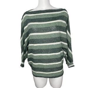 ENTRO Striped Knit Sweater Dolman Sleeves Wide Neck Green Small S